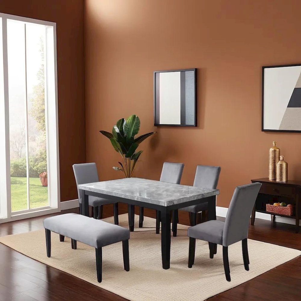 Sleek 6-Piece Dining Set with Gray Marble Table and Black/Gray Finish
