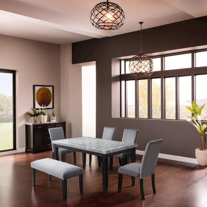 Sleek 6-Piece Dining Set with Gray Marble Table and Black/Gray Finish