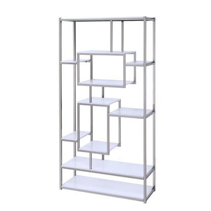 Contemporary Bookcase, Staggered Shelves, White/Chrome, Durable & Tall Storage