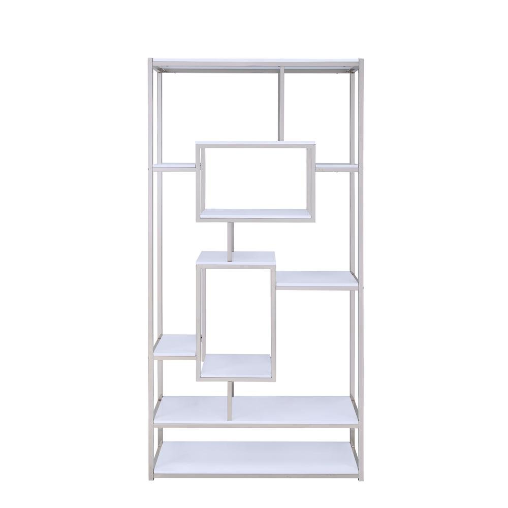 Contemporary Bookcase, Staggered Shelves, White/Chrome, Durable & Tall Storage