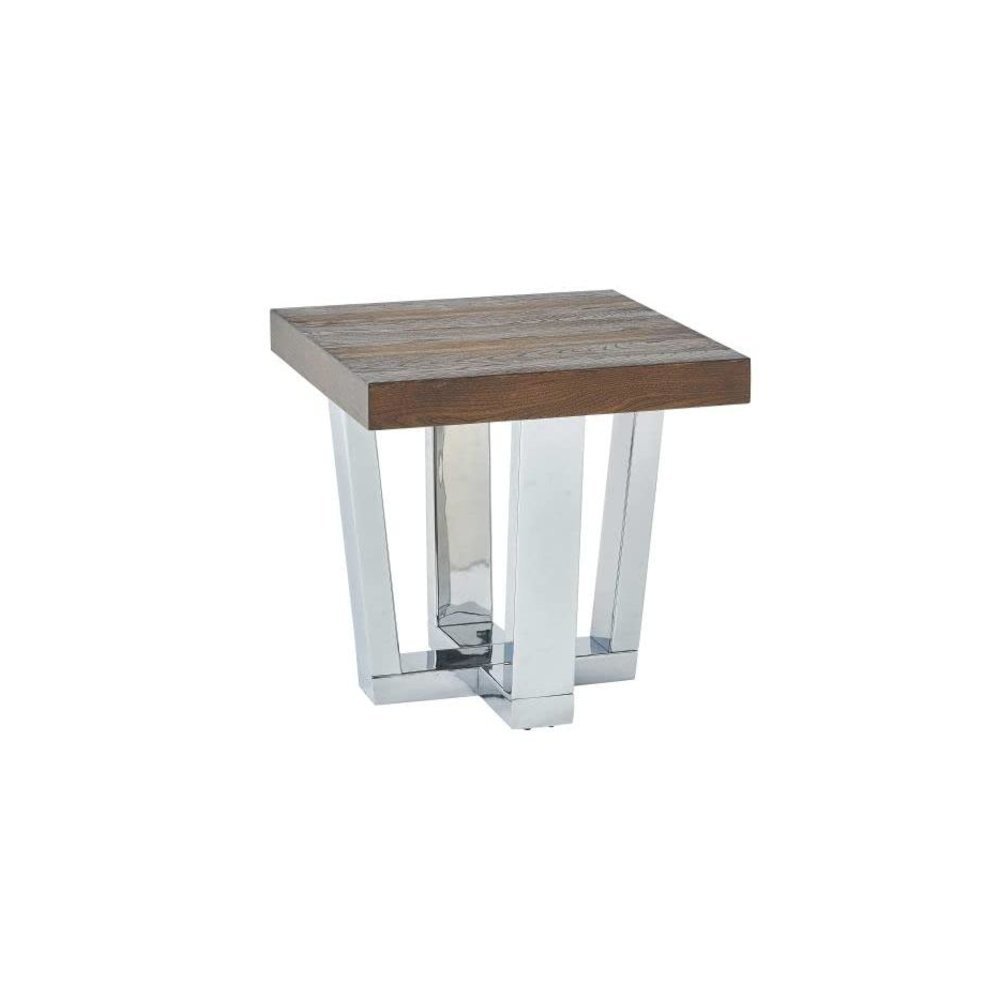 Rustic Modern End Table, Square Top, Chrome Base, Elm Veneer