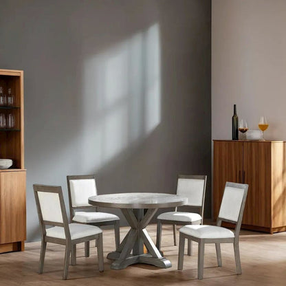Refined 5-Piece Grey Washed Dining Set with Hardwood and Upholstered Seats