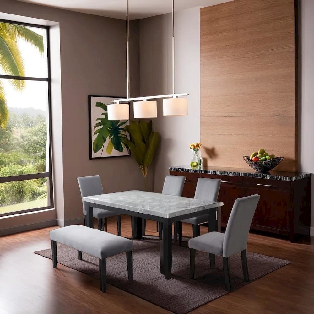 Sleek 6-Piece Dining Set with Gray Marble Table and Black/Gray Finish
