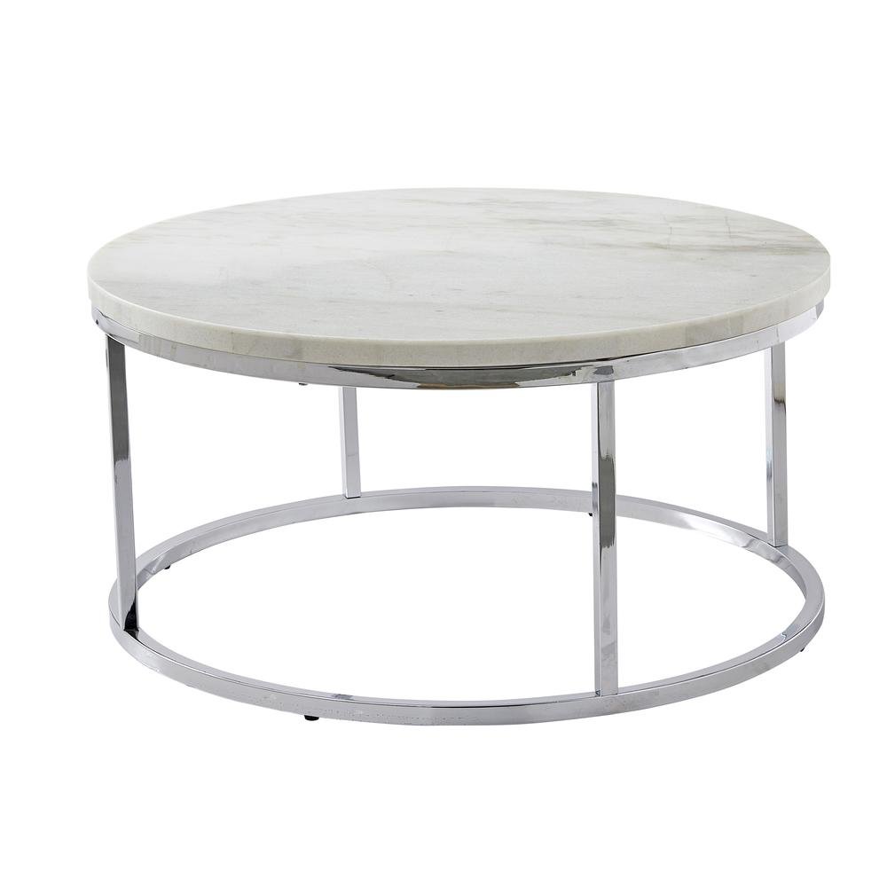 Round Cocktail Table, White Genuine Marble, Chrome Base, Contemporary Luxury