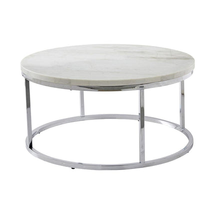 Round Cocktail Table, White Genuine Marble, Chrome Base, Contemporary Luxury