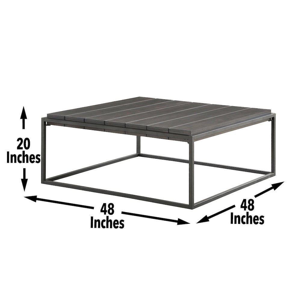 Square Coffee Table, 48 Inch, Plank Top, Dark Grey Iron Base