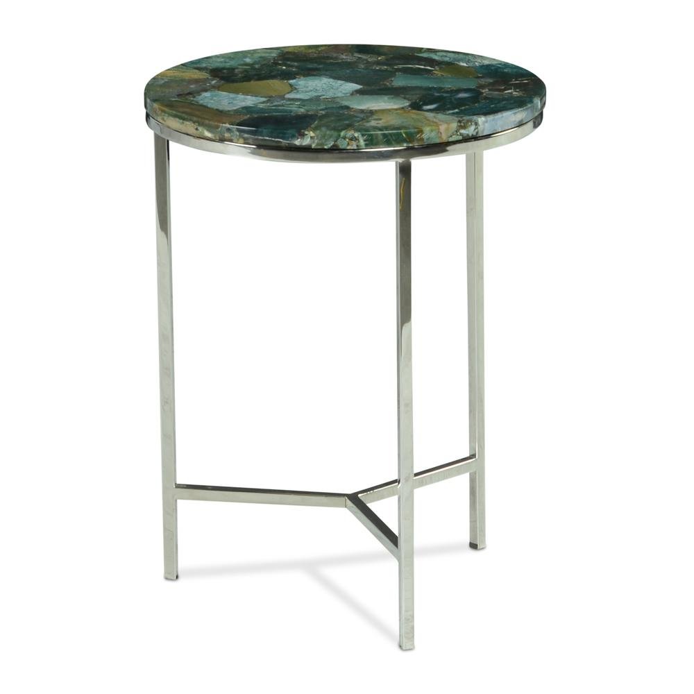 Agate Top Chairside Table, Round Stone Top, Chrome Base, Green