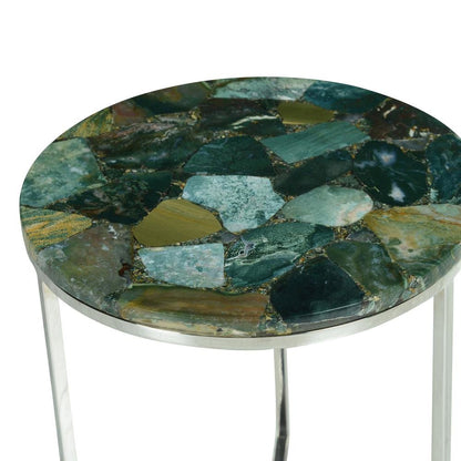 Agate Top Chairside Table, Round Stone Top, Chrome Base, Green
