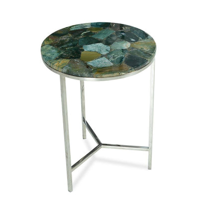Agate Top Chairside Table, Round Stone Top, Chrome Base, Green