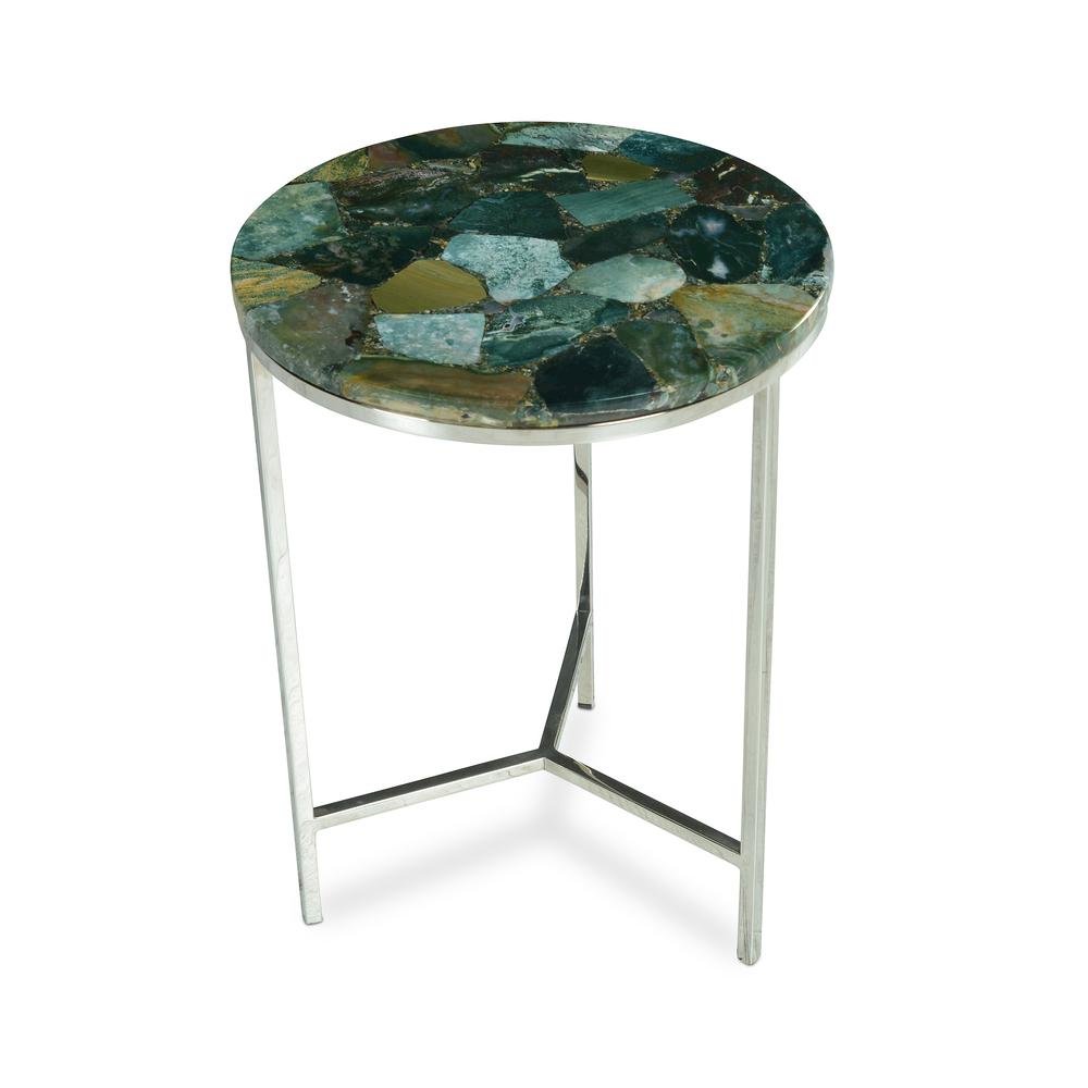 Agate Top Chairside Table, Round Stone Top, Chrome Base, Green