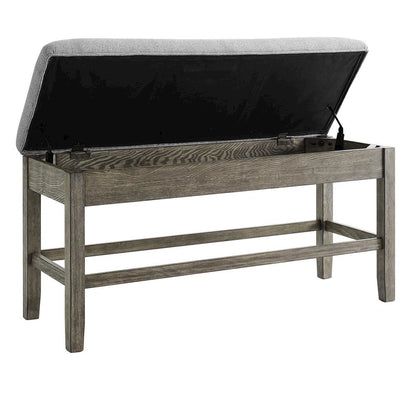 Storage Counter Bench, Thick Cushion, Gray Fabric, Refined Rustic Style