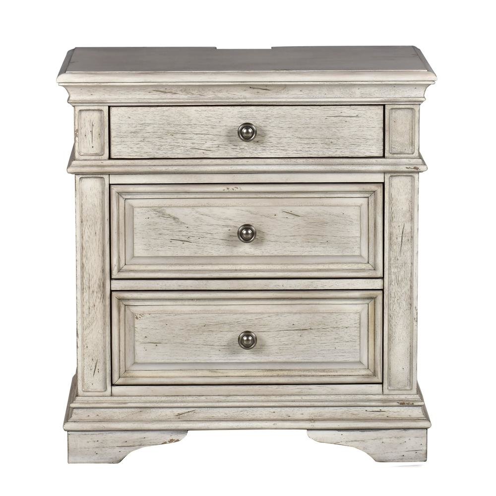Rustic Ivory Finished 3 Drawer Nightstand - Bedside Table with Drawers