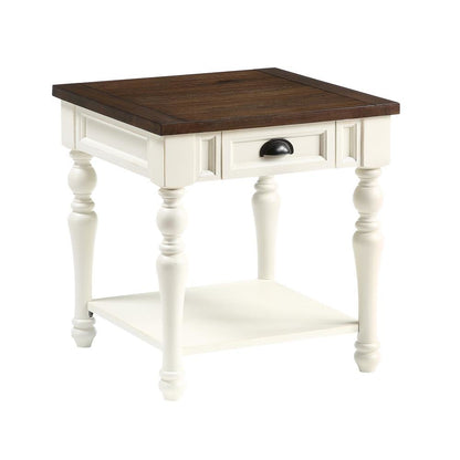 Farmhouse End Table, Two-Tone Finish, Bottom Shelf, White
