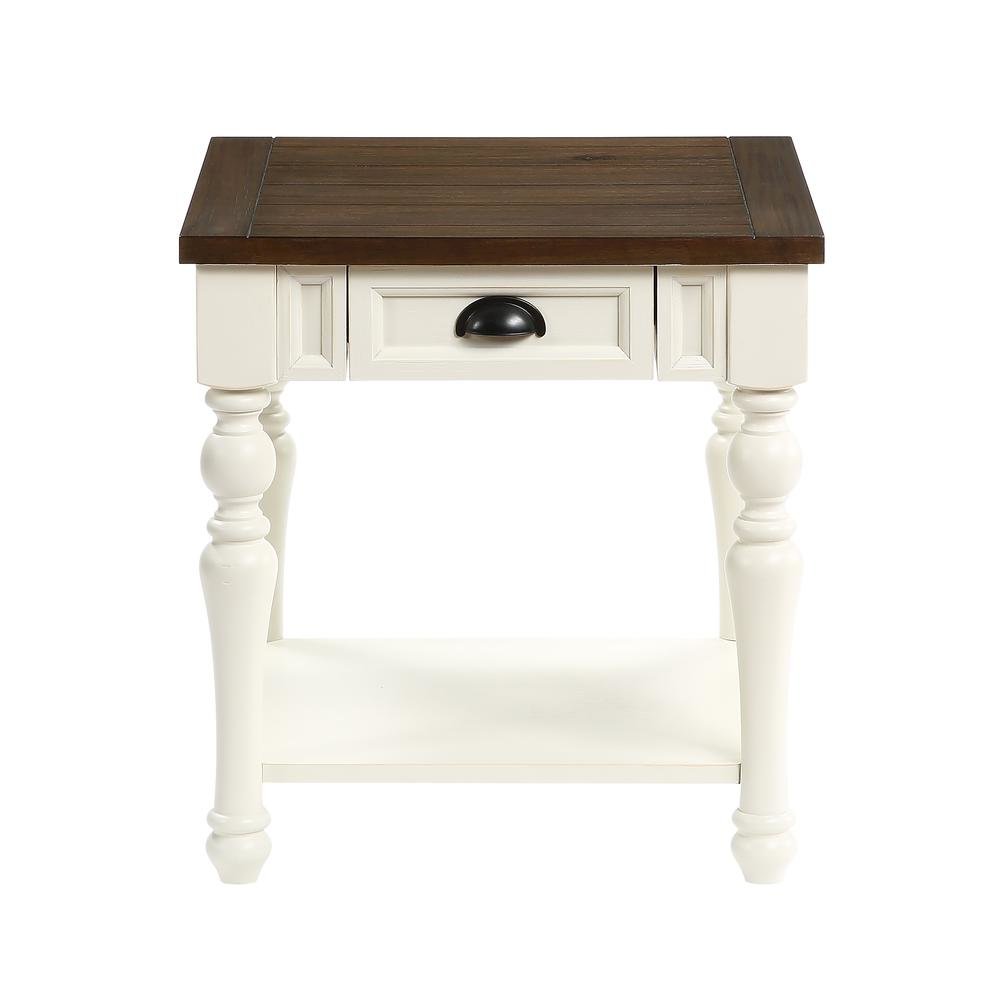 Farmhouse End Table, Two-Tone Finish, Bottom Shelf, White