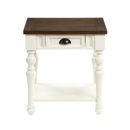 Farmhouse End Table, Two-Tone Finish, Bottom Shelf, White
