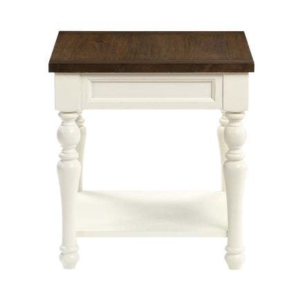 Farmhouse End Table, Two-Tone Finish, Bottom Shelf, White
