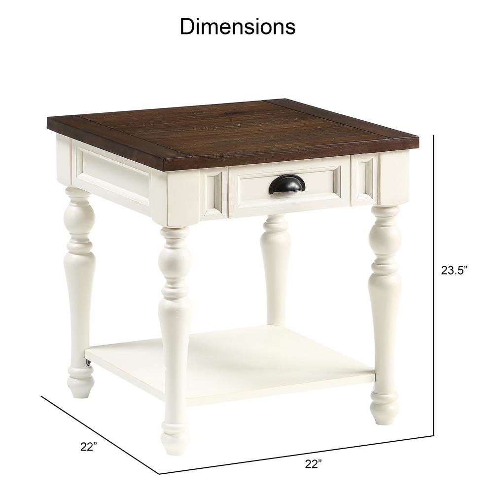 Farmhouse End Table, Two-Tone Finish, Bottom Shelf, White