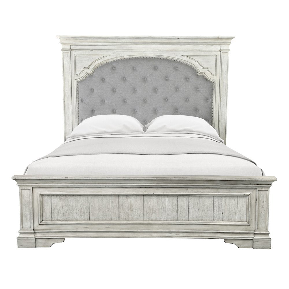 Rustic Ivory Queen Bed Frame with Upholstered Tufted Headboard and Panel Trim