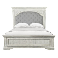 Rustic Ivory Queen Bed Frame with Upholstered Tufted Headboard and Panel Trim