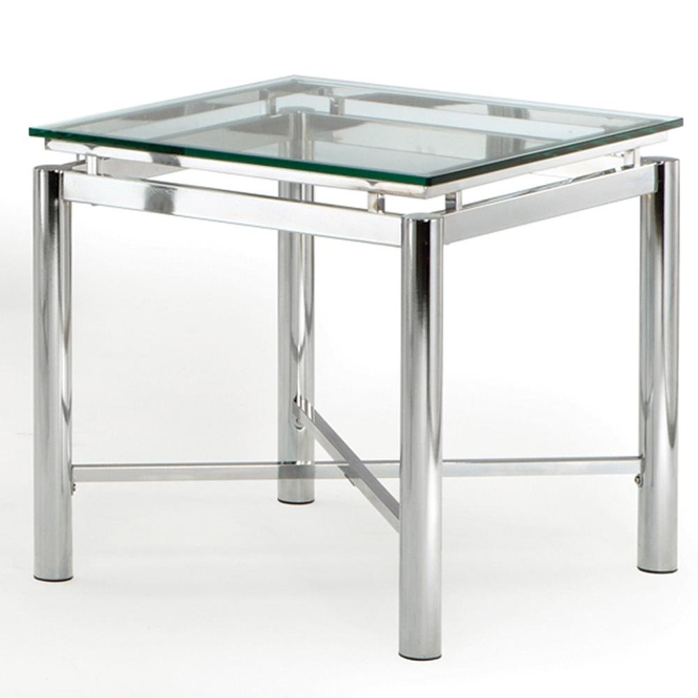 Contemporary End Table, Tempered Glass Top, Chrome Base, 24 Inch