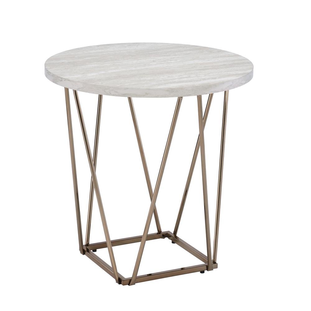 Faux Marble Top End Table, 24"H, Metal Base, Gray/White