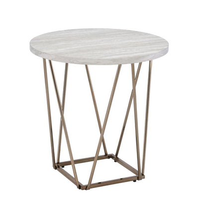 Faux Marble Top End Table, 24"H, Metal Base, Gray/White