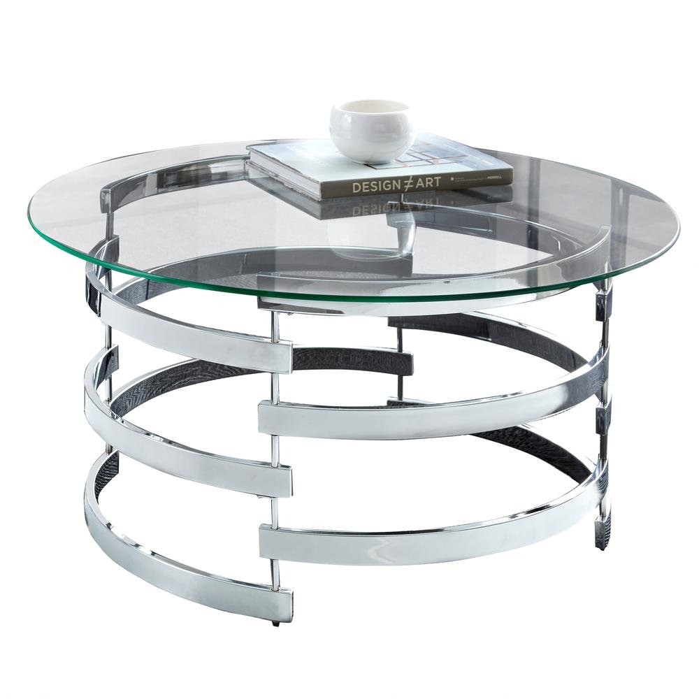 Contemporary Cocktail Table, Round Glass Top, Chrome Base, Gray