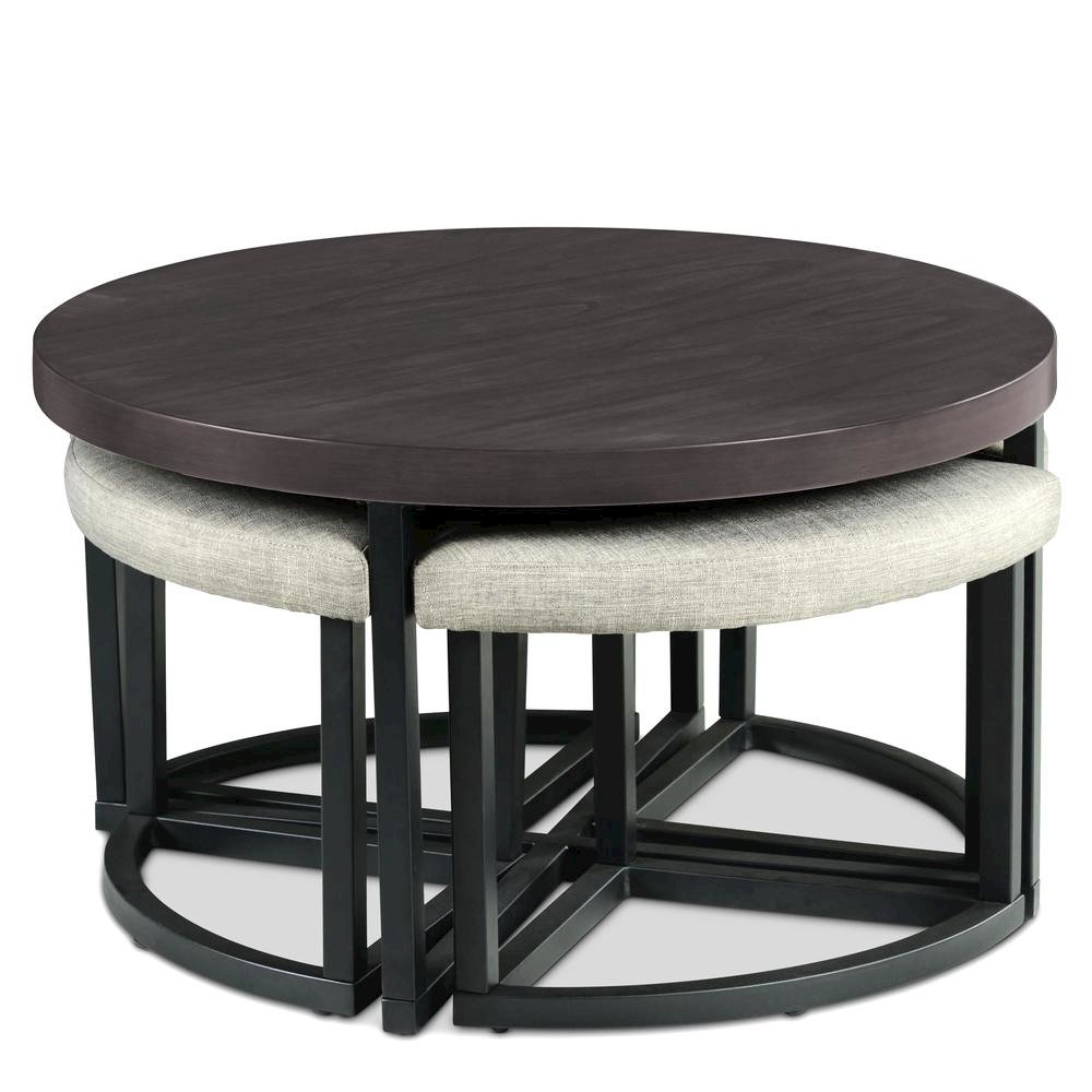 Round Coffee Table with Stools, Mindi Veneer, 5 Piece Set, Brown