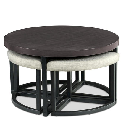 Round Coffee Table with Stools, Mindi Veneer, 5 Piece Set, Brown