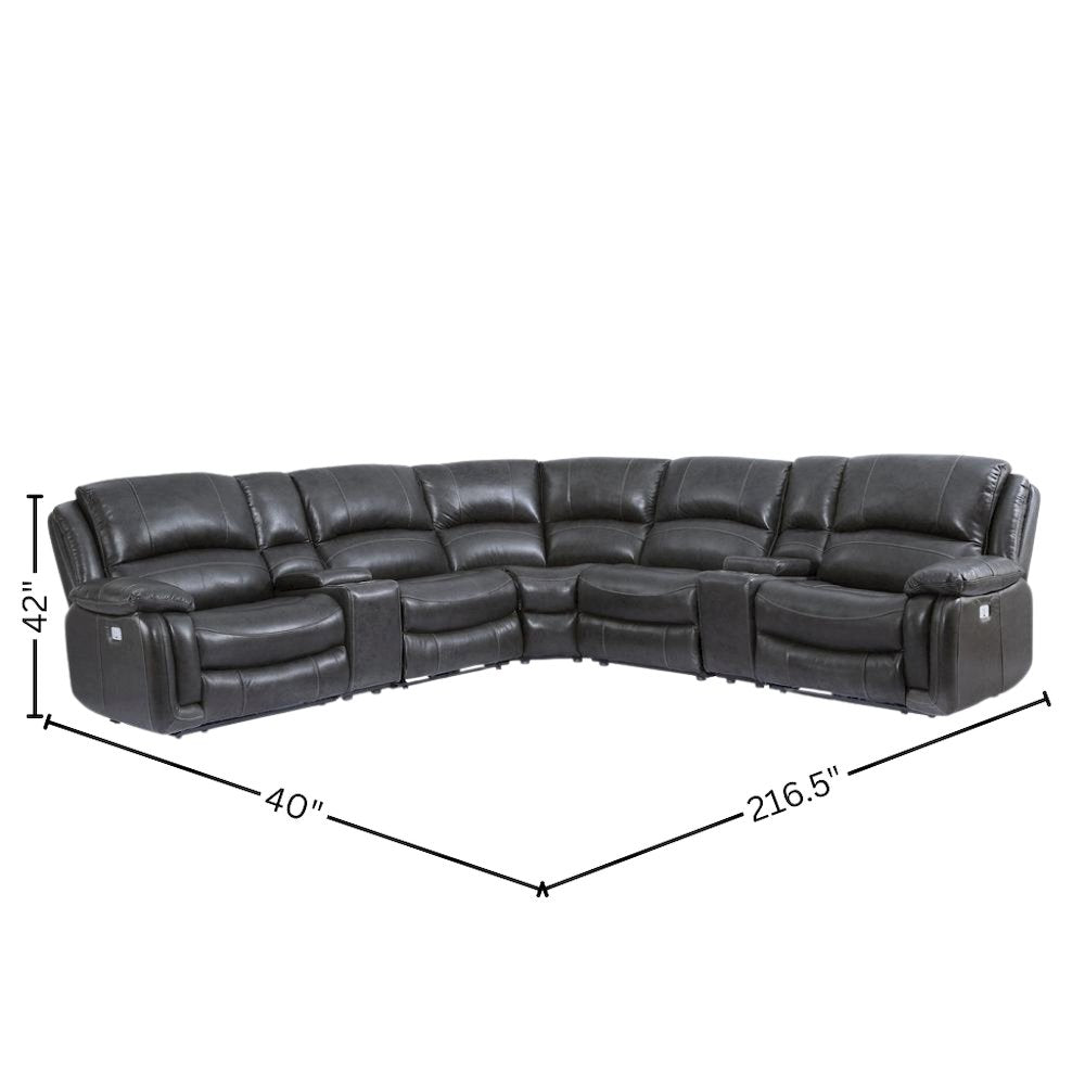 Charcoal Leather Sectional with Power Recline, USB Ports, and L Shaped Couch