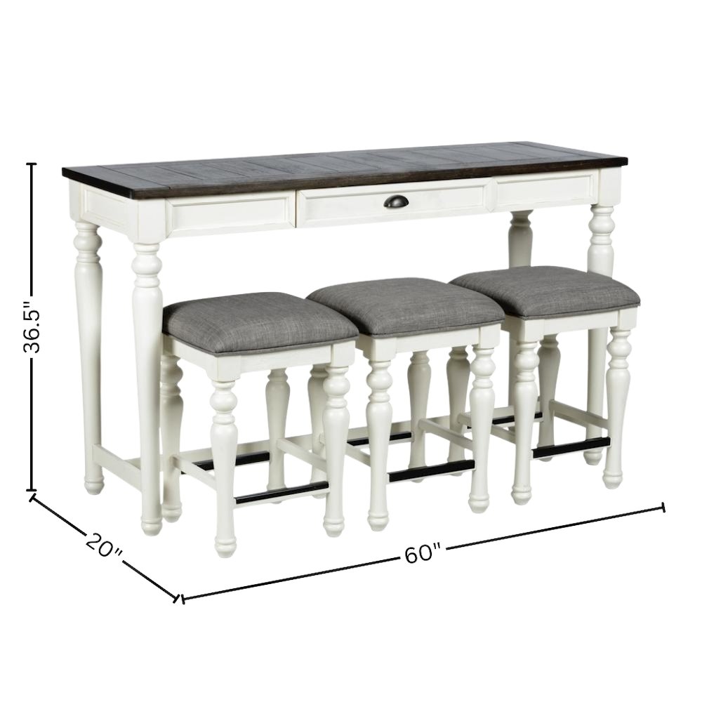 Ivory and Mocha Sofa Table, 3 Stools – 60" Console Bar Table for Behind Couch