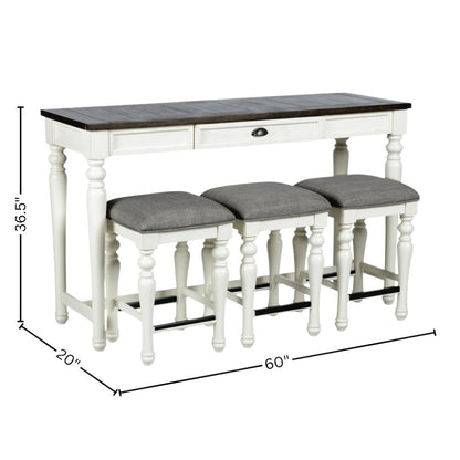 Ivory and Mocha Sofa Table, 3 Stools – 60" Console Bar Table for Behind Couch