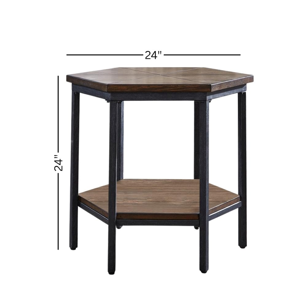 Hexagon End Table with Ash Veneer Top and Iron Base – Accent Table with Shelf