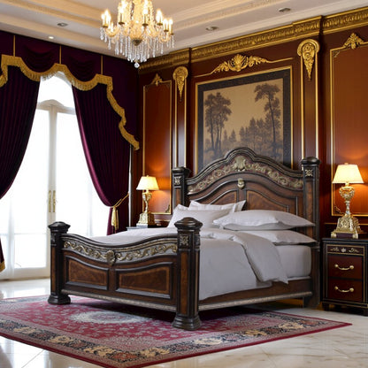 Rich Cocoa Queen Bed Frame with Headboard – Wooden Frame with Carved Accents