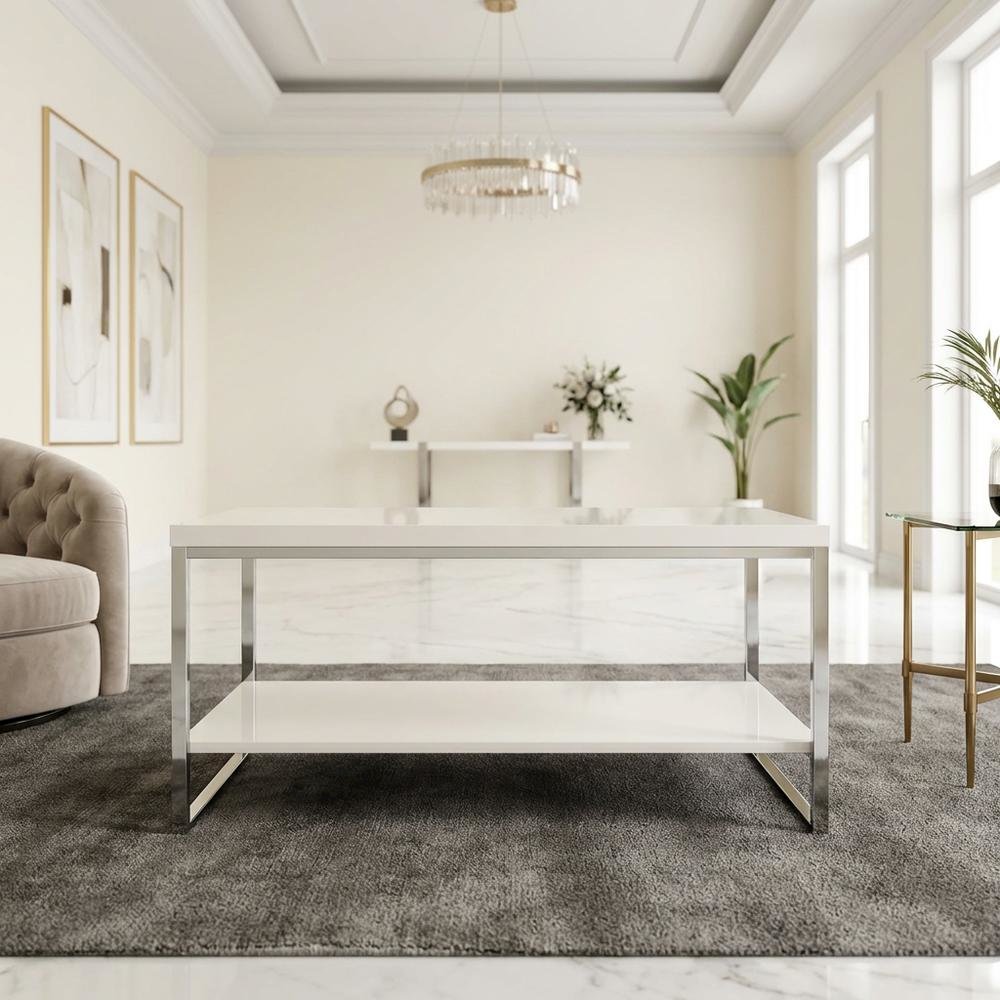 White Finish Cocktail Table with Chrome Legs and Modern Design