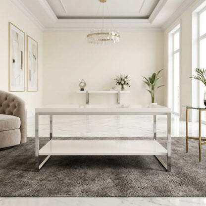 White Finish Cocktail Table with Chrome Legs and Modern Design