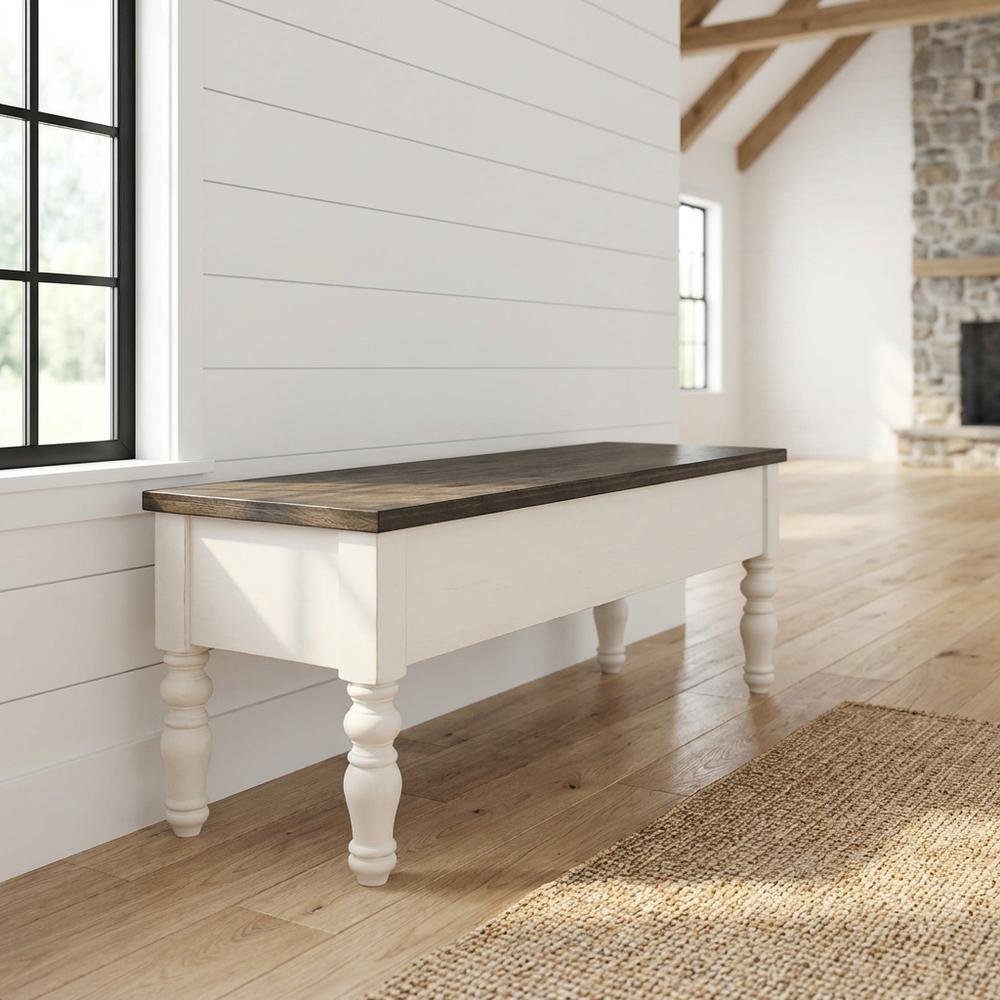 Two Tone Storage Bench with Ivory and Dark Oak Finish, Durable Main Seat