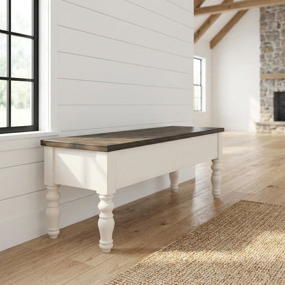Two Tone Storage Bench with Ivory and Dark Oak Finish, Durable Main Seat