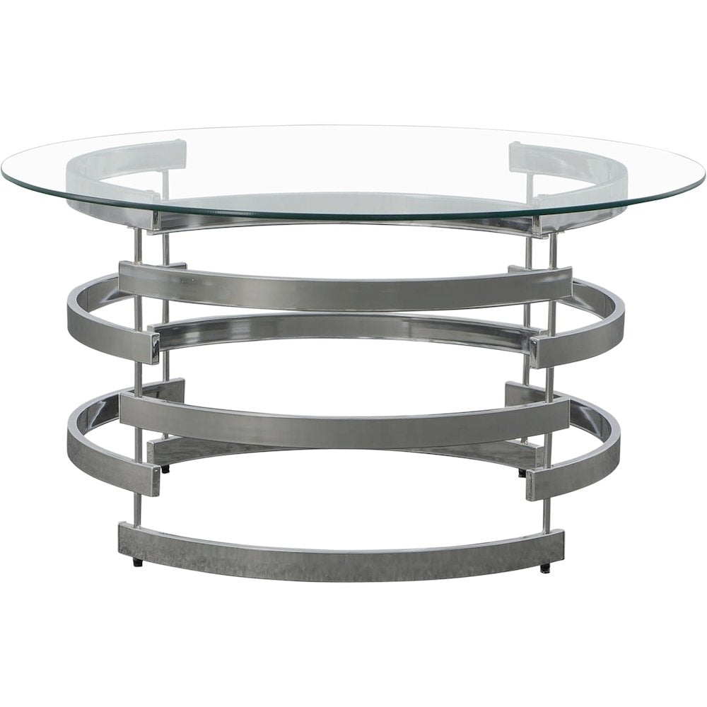 Contemporary Cocktail Table, Round Glass Top, Chrome Base, Gray