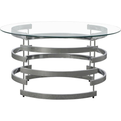 Contemporary Cocktail Table, Round Glass Top, Chrome Base, Gray