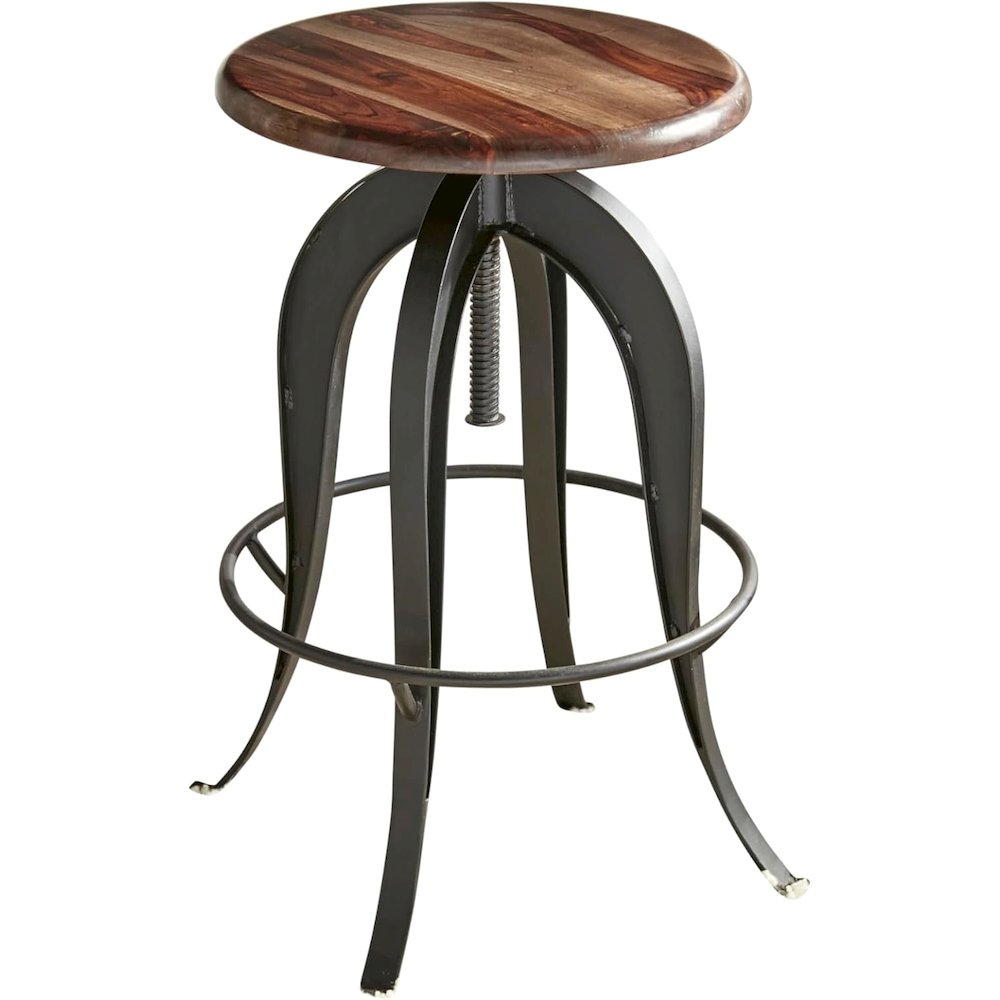 Adjustable Swivel Bar Stool, Sheesham Wood, Cast Iron Base, Industrial