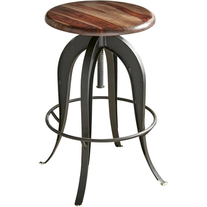 Adjustable Swivel Bar Stool, Sheesham Wood, Cast Iron Base, Industrial