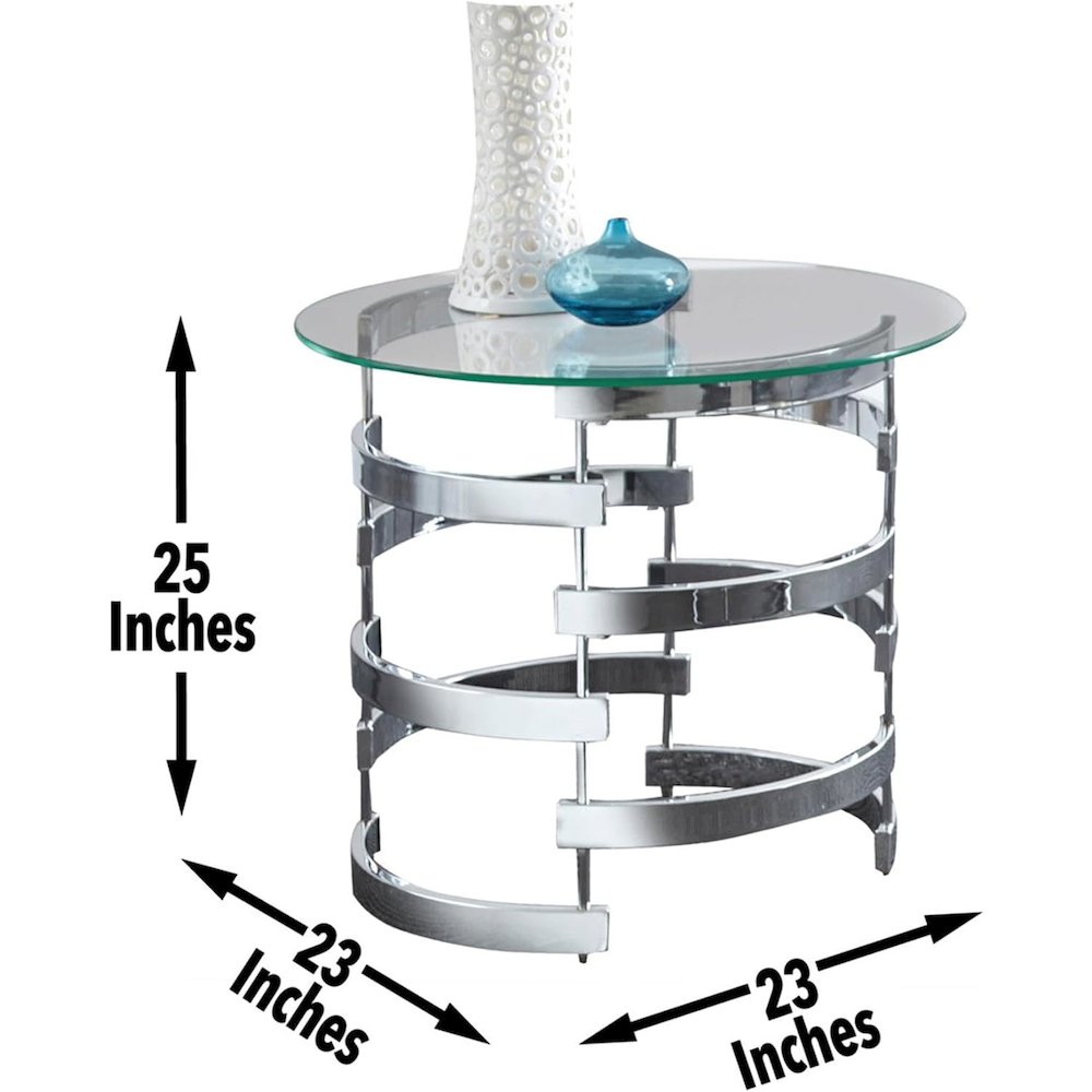 Contemporary End Table, Round Glass Top, Chrome Base, Gray