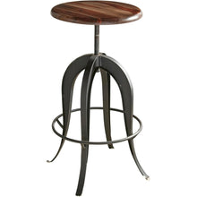 Adjustable Swivel Bar Stool, Sheesham Wood, Cast Iron Base, Industrial