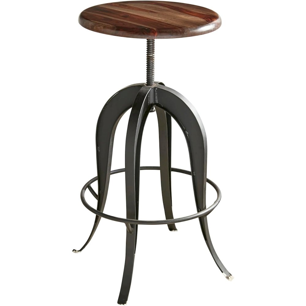 Adjustable Swivel Bar Stool, Sheesham Wood, Cast Iron Base, Industrial