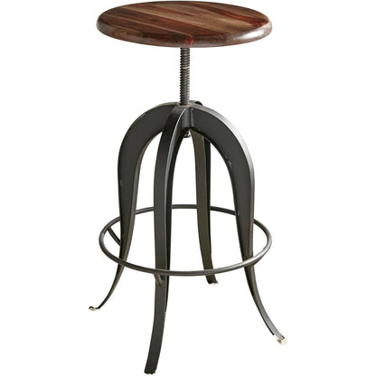 Adjustable Swivel Bar Stool, Sheesham Wood, Cast Iron Base, Industrial