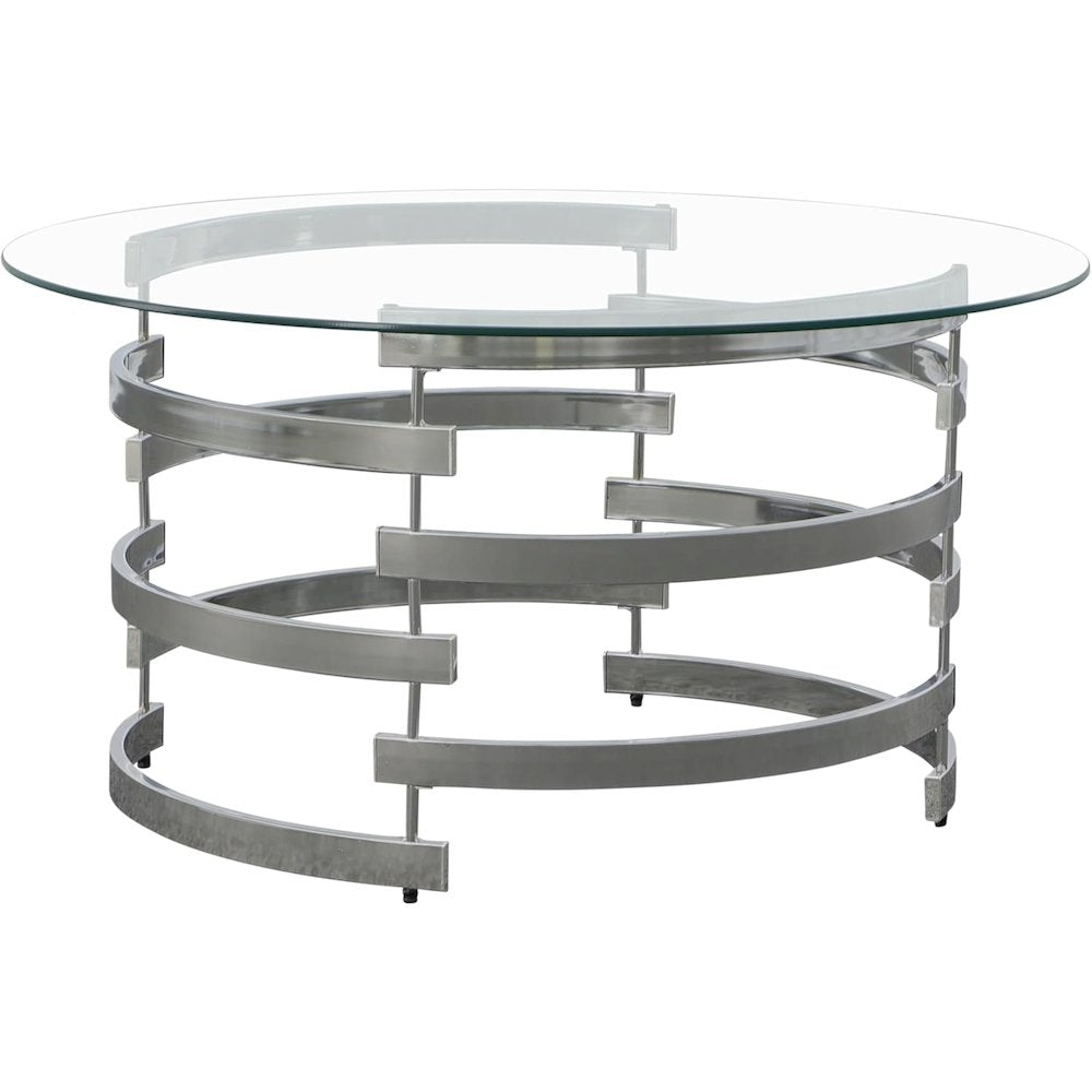 Contemporary Cocktail Table, Round Glass Top, Chrome Base, Gray