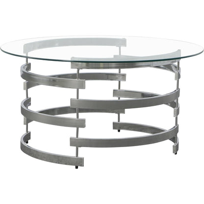 Contemporary Cocktail Table, Round Glass Top, Chrome Base, Gray
