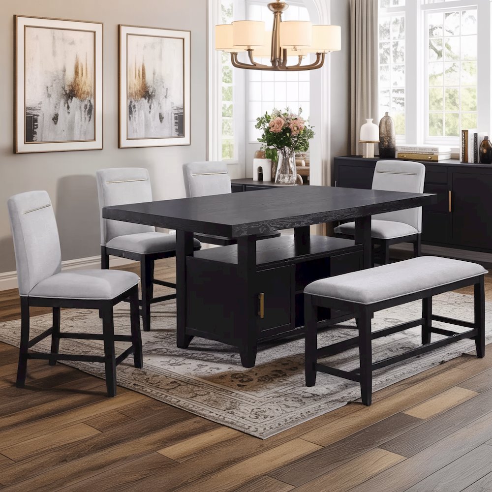 Rubbed Charcoal Finished Counter Height Dining Table for 6 with Chairs and Bench
