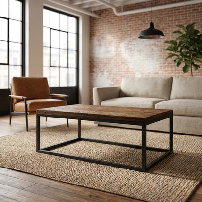 Distressed Acacia Cocktail Table with Nickel Finish Base for Living Room